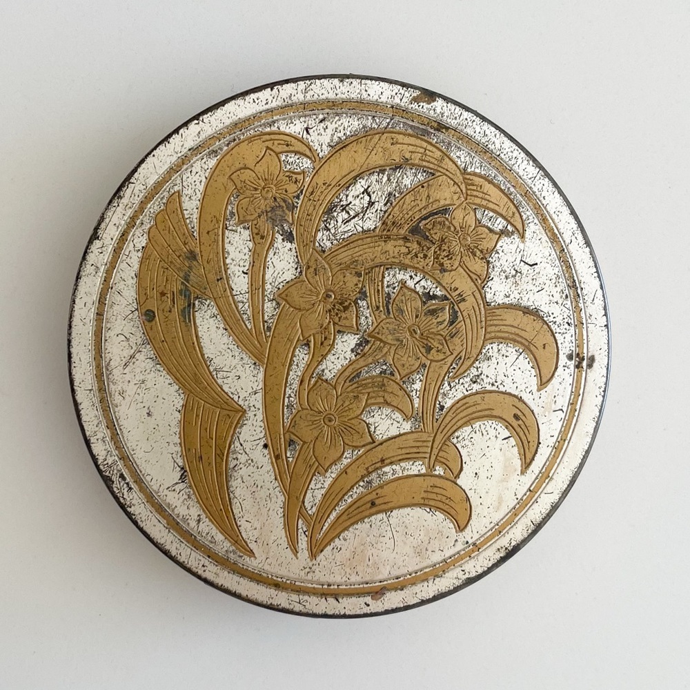 Gold & Silver Floral 3.5" Compact Powder Etched Flowers Round Mirror VNTG USA